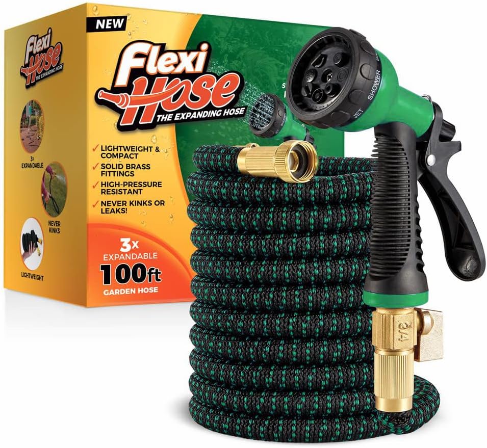 with 8 Function Nozzle, 25FT - Lightweight Expandable Garden Hose, No-Kink Flexibility, 3/4 Inch Solid Brass Fittings and Double Latex Core - Black and Green