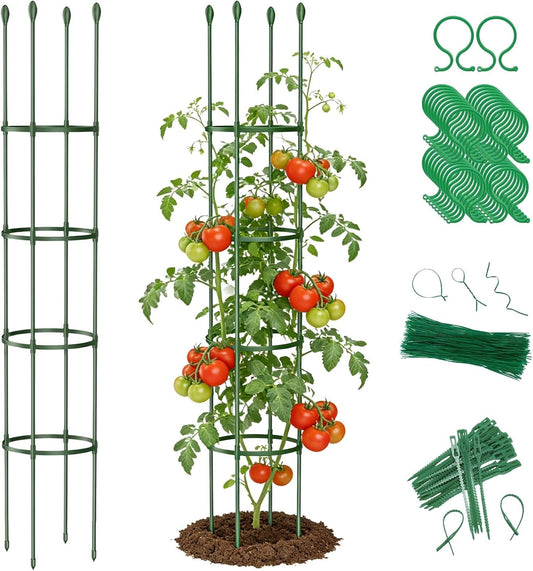 2 Pack Heavy Duty Round Tomato Cage | 63 Inch Rustproof Steel Core Plastic Coated Garden Tomato Trellis | Metal Large Plant Support for Tomato, Cucumber, Beans, Flowers, Vegetables Indoor Outdoor