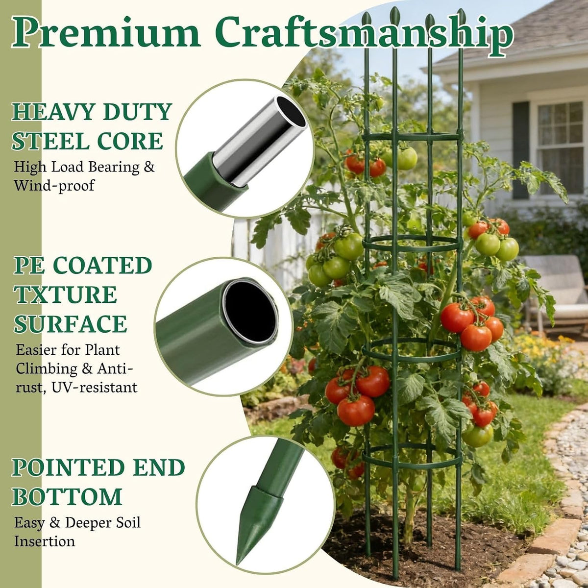2 Pack Heavy Duty Round Tomato Cage | 63 Inch Rustproof Steel Core Plastic Coated Garden Tomato Trellis | Metal Large Plant Support for Tomato, Cucumber, Beans, Flowers, Vegetables Indoor Outdoor