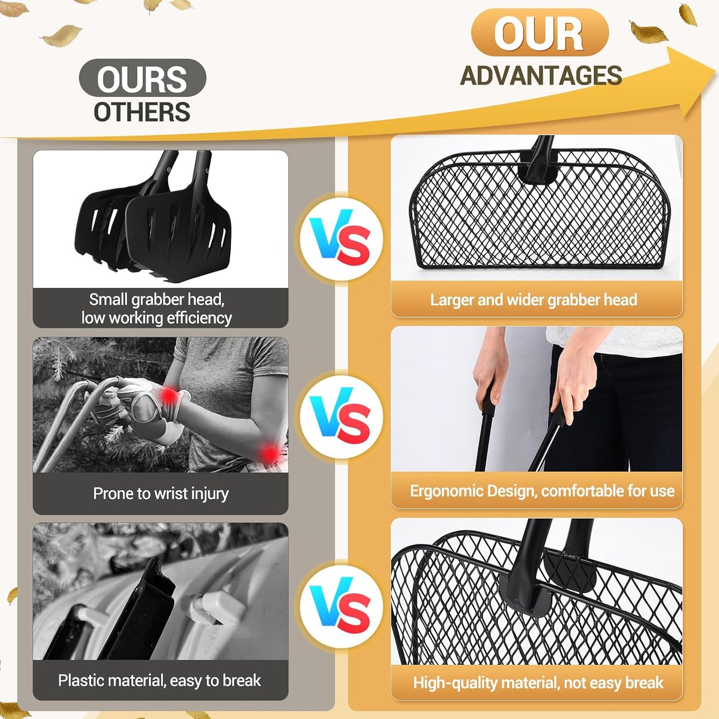 Leaf Grabber Rake with Long Handle, Lightweight Metal Leaves Rakes, Leaf Collector for Gardening, Leaf and Grass Picker Upper, Efficient and Labor-Saving Yard Rake Leaf Grabber No Bending Over