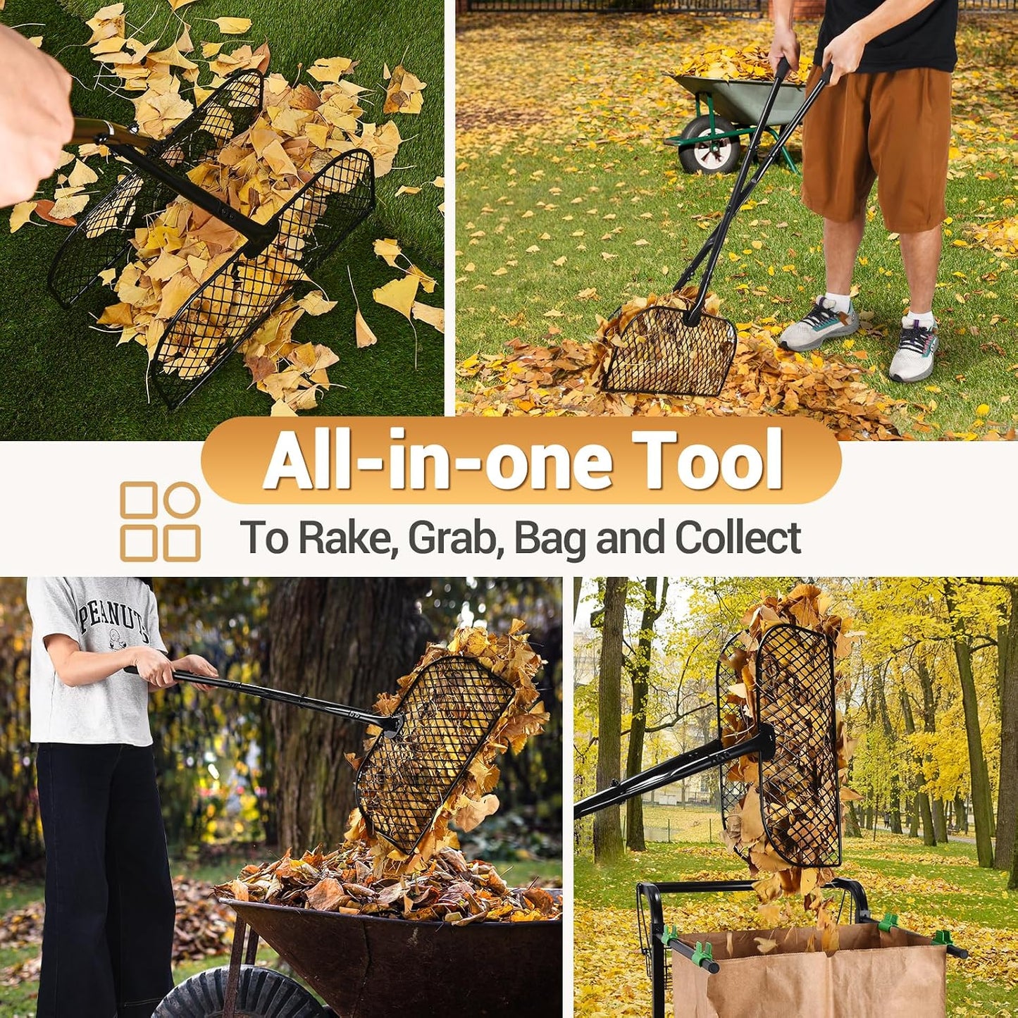 Leaf Grabber Rake with Long Handle, Lightweight Metal Leaves Rakes, Leaf Collector for Gardening, Leaf and Grass Picker Upper, Efficient and Labor-Saving Yard Rake Leaf Grabber No Bending Over