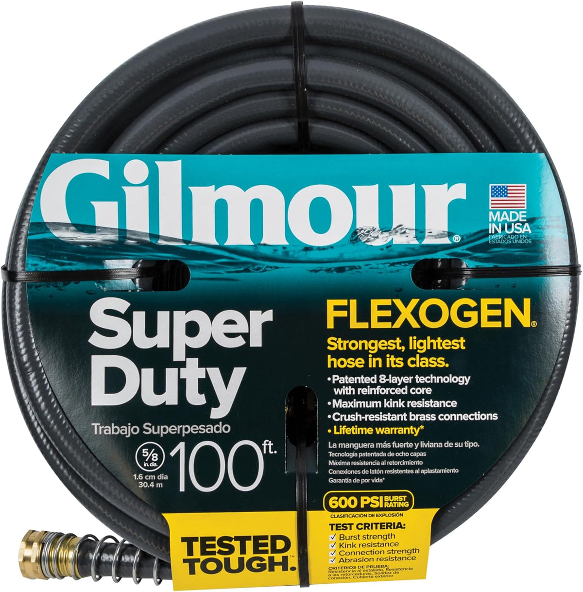 Flexogen Heavy Duty Garden Hose – 5/8 in x 100 ft, Leak-Proof Brass Couplings, Kink Resistant 8-Layer Design, 500 PSI, Made in USA