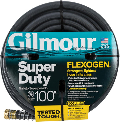 Flexogen Heavy Duty Garden Hose – 5/8 in x 100 ft, Leak-Proof Brass Couplings, Kink Resistant 8-Layer Design, 500 PSI, Made in USA