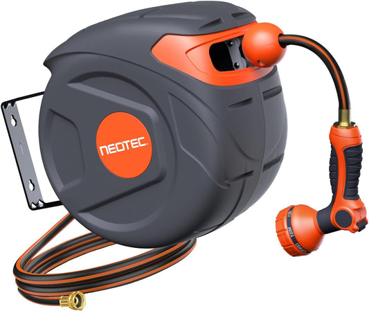 Heavy Duty Retractable Garden Hose Reel 1/2" x 50ft, Wall Mounted, Any Length Lock, 9 Pattern Nozzle, Automatic Slow Return, 180° Swivel & UV Resistant Design
