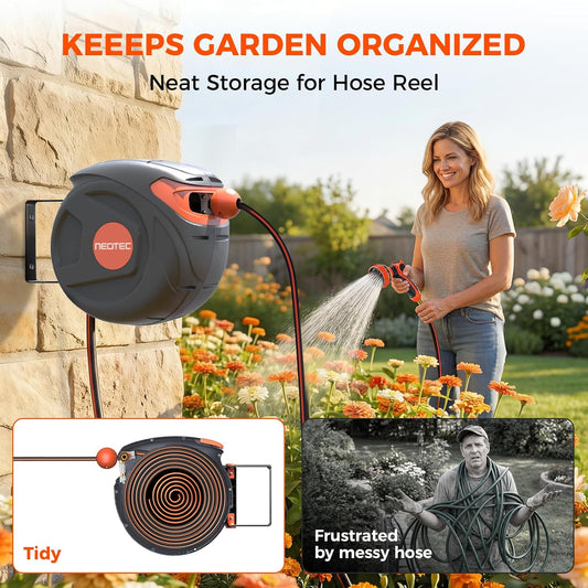 Heavy Duty Retractable Garden Hose Reel 1/2" x 50ft, Wall Mounted, Any Length Lock, 9 Pattern Nozzle, Automatic Slow Return, 180° Swivel & UV Resistant Design