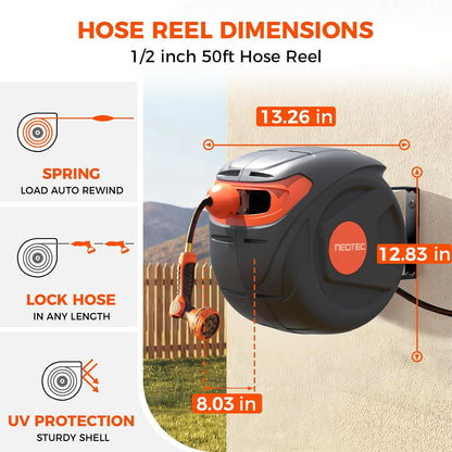Heavy Duty Retractable Garden Hose Reel 1/2" x 50ft, Wall Mounted, Any Length Lock, 9 Pattern Nozzle, Automatic Slow Return, 180° Swivel & UV Resistant Design