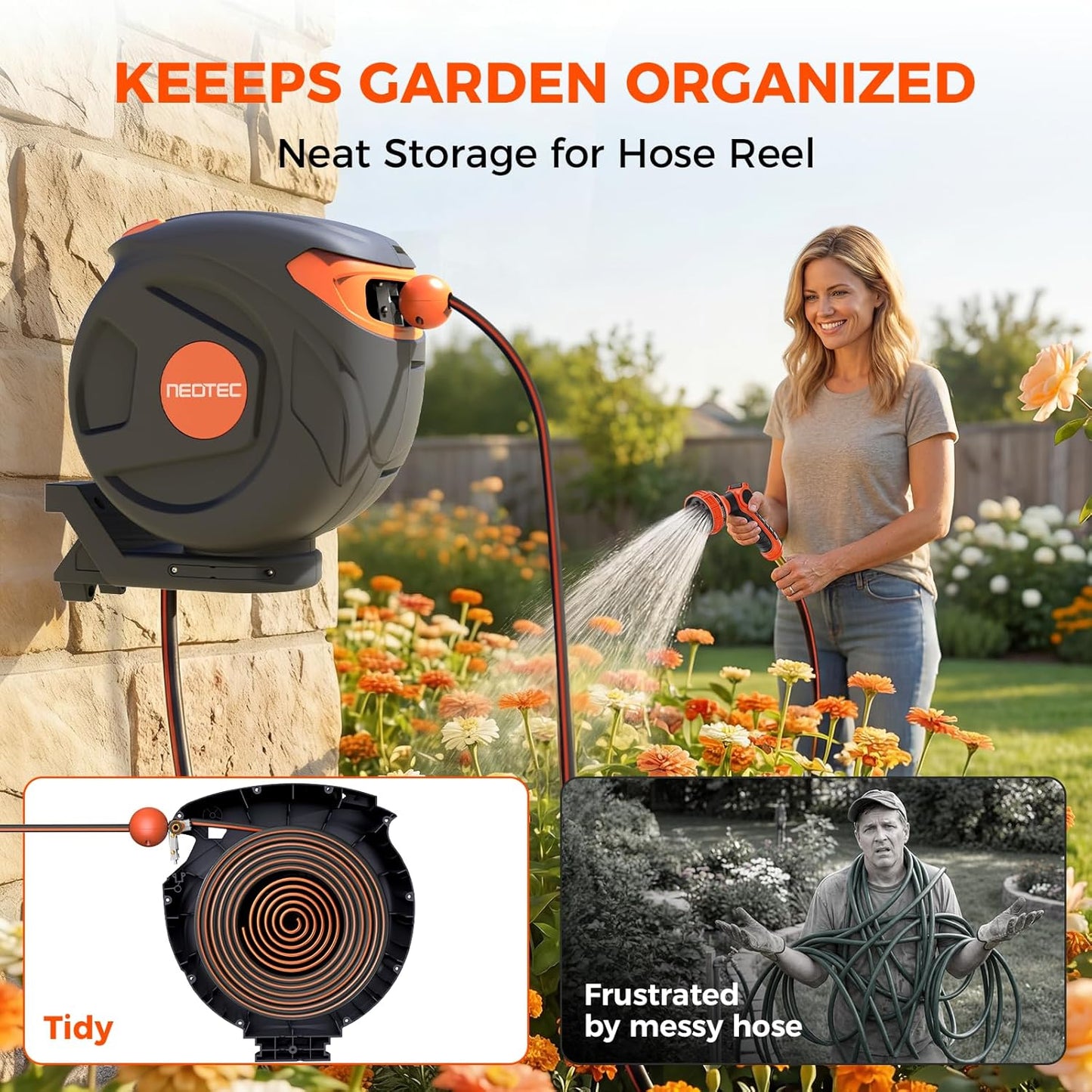 Heavy Duty Retractable Garden Hose Reel 1/2" x 50ft, Wall Mounted, Any Length Lock, 9 Pattern Nozzle, Automatic Slow Return, 180° Swivel & UV Resistant Design