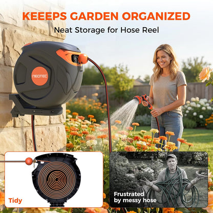 Heavy Duty Retractable Garden Hose Reel 1/2" x 50ft, Wall Mounted, Any Length Lock, 9 Pattern Nozzle, Automatic Slow Return, 180° Swivel & UV Resistant Design