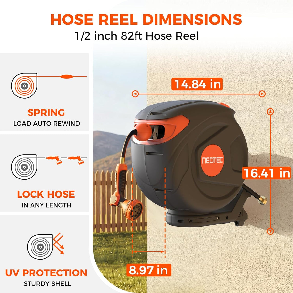Heavy Duty Retractable Garden Hose Reel 1/2" x 50ft, Wall Mounted, Any Length Lock, 9 Pattern Nozzle, Automatic Slow Return, 180° Swivel & UV Resistant Design
