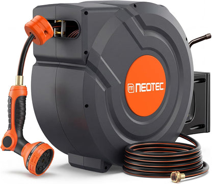 Heavy Duty Retractable Garden Hose Reel 1/2" x 50ft, Wall Mounted, Any Length Lock, 9 Pattern Nozzle, Automatic Slow Return, 180° Swivel & UV Resistant Design