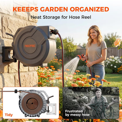Heavy Duty Retractable Garden Hose Reel 1/2" x 50ft, Wall Mounted, Any Length Lock, 9 Pattern Nozzle, Automatic Slow Return, 180° Swivel & UV Resistant Design