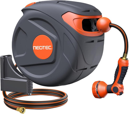 Heavy Duty Retractable Garden Hose Reel 1/2" x 50ft, Wall Mounted, Any Length Lock, 9 Pattern Nozzle, Automatic Slow Return, 180° Swivel & UV Resistant Design