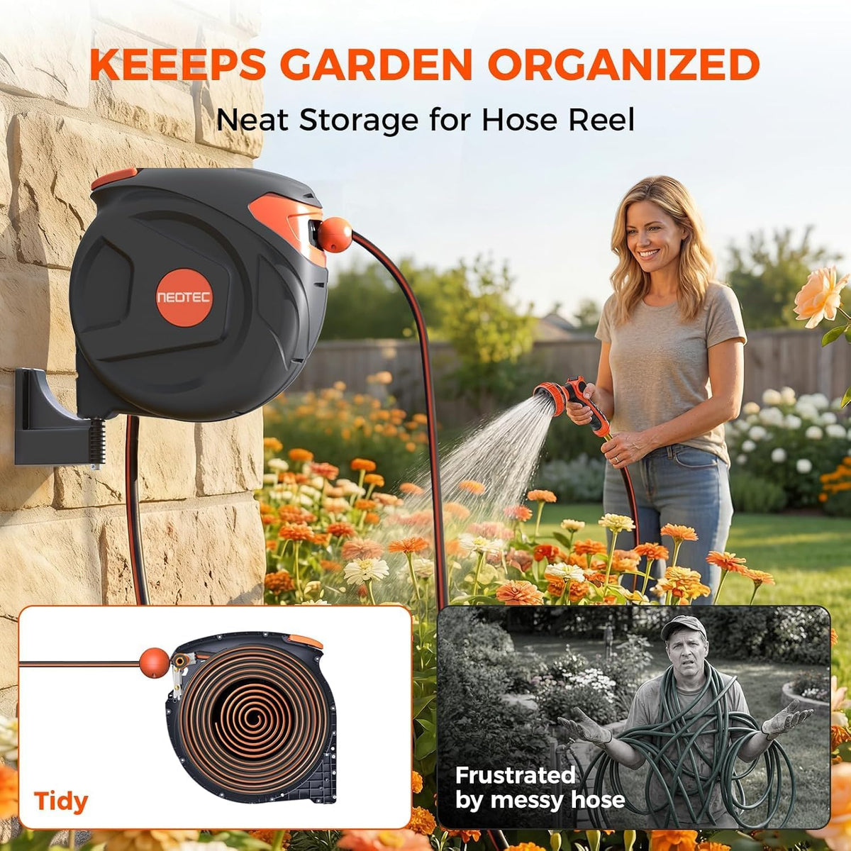 Heavy Duty Retractable Garden Hose Reel 1/2" x 50ft, Wall Mounted, Any Length Lock, 9 Pattern Nozzle, Automatic Slow Return, 180° Swivel & UV Resistant Design