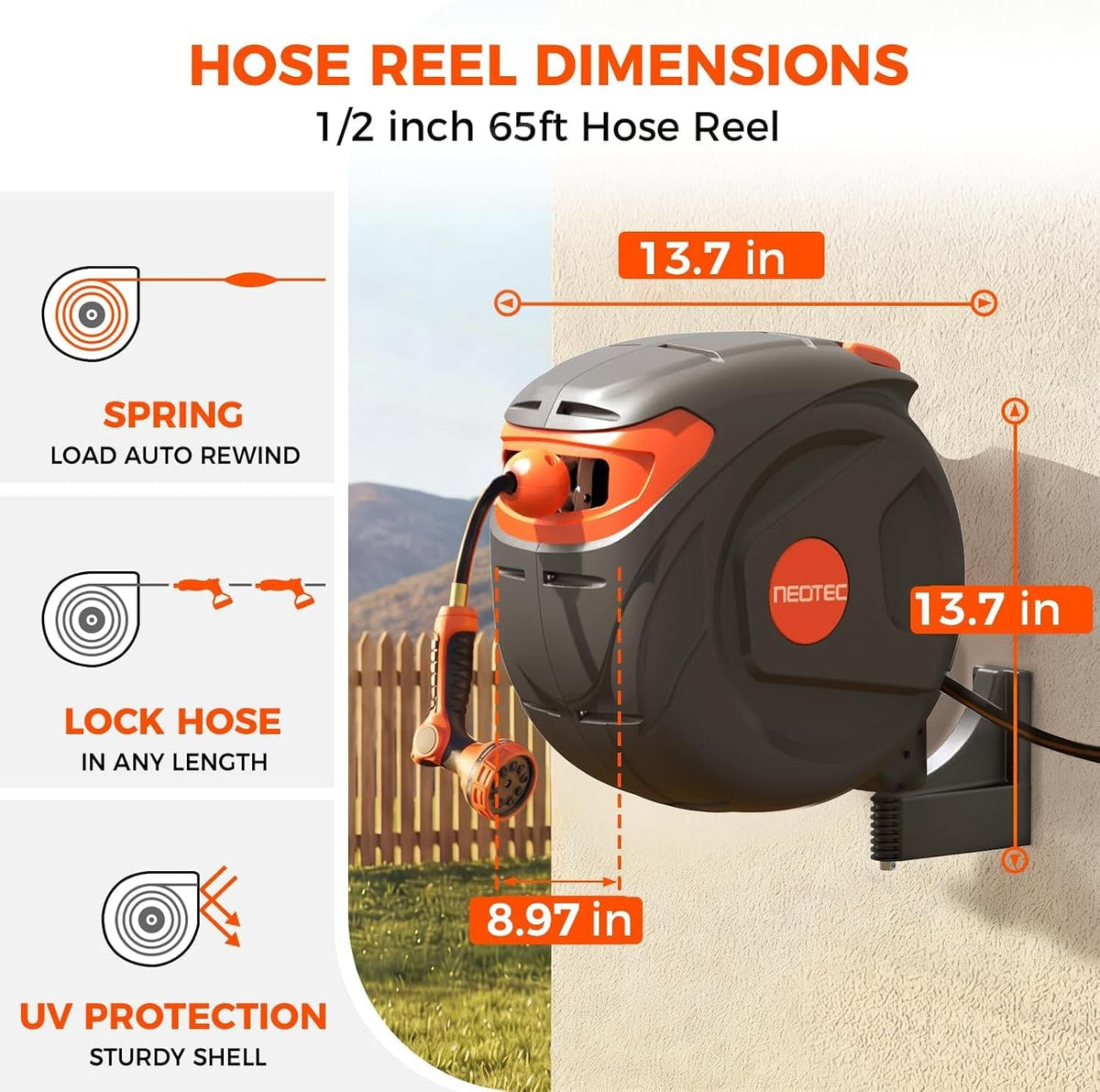 Heavy Duty Retractable Garden Hose Reel 1/2" x 50ft, Wall Mounted, Any Length Lock, 9 Pattern Nozzle, Automatic Slow Return, 180° Swivel & UV Resistant Design
