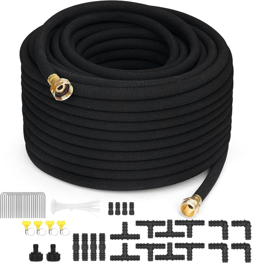 Heavy Duty Soaker Hose 150FT 1/2 Inch Rubber Garden Drip Irrigation Hose with Solid Brass Connector Water Saving Linkable Soaker Hose for Garden Bed Flower Vegetable Lawn
