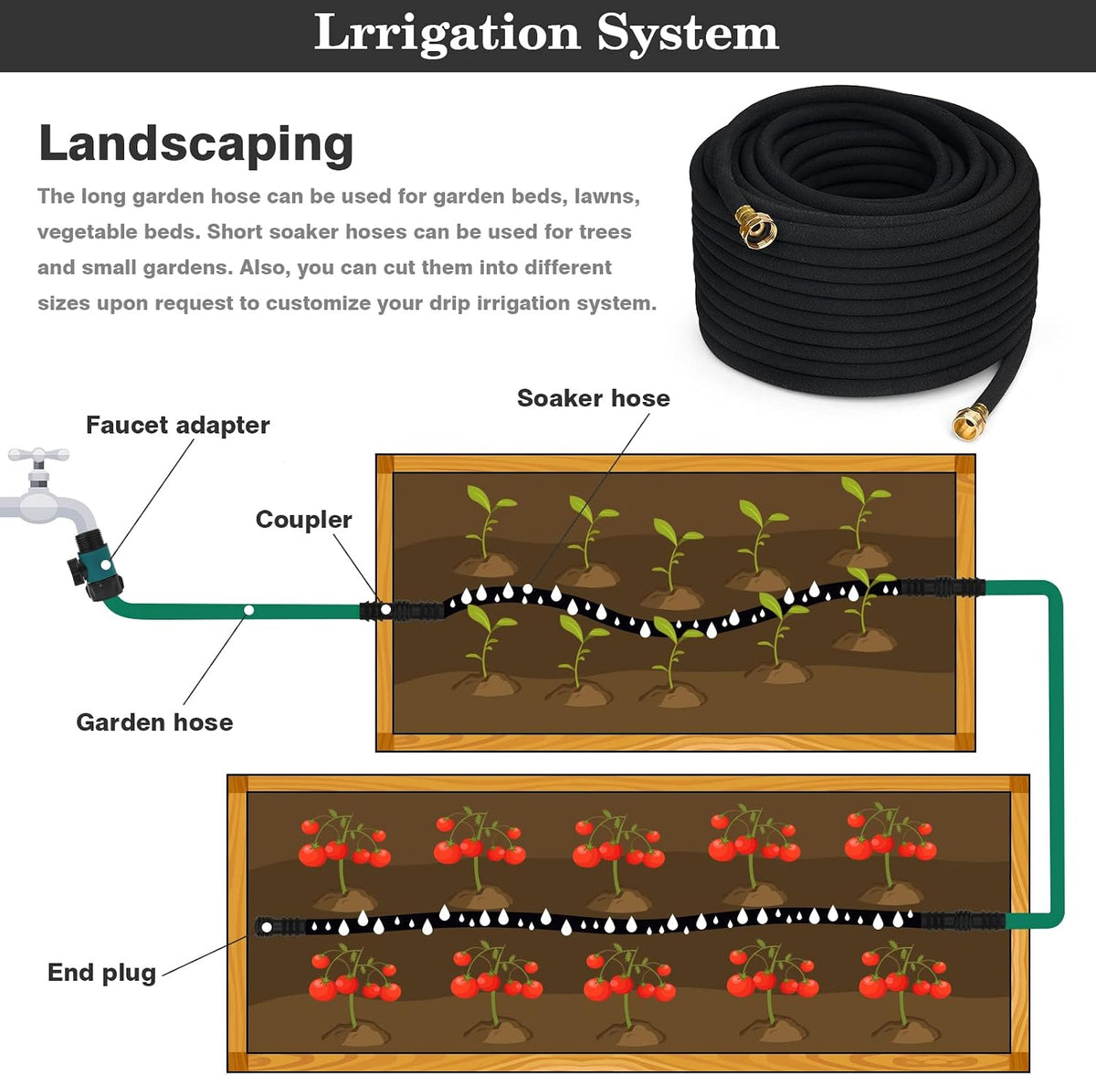 Heavy Duty Soaker Hose 150FT 1/2 Inch Rubber Garden Drip Irrigation Hose with Solid Brass Connector Water Saving Linkable Soaker Hose for Garden Bed Flower Vegetable Lawn