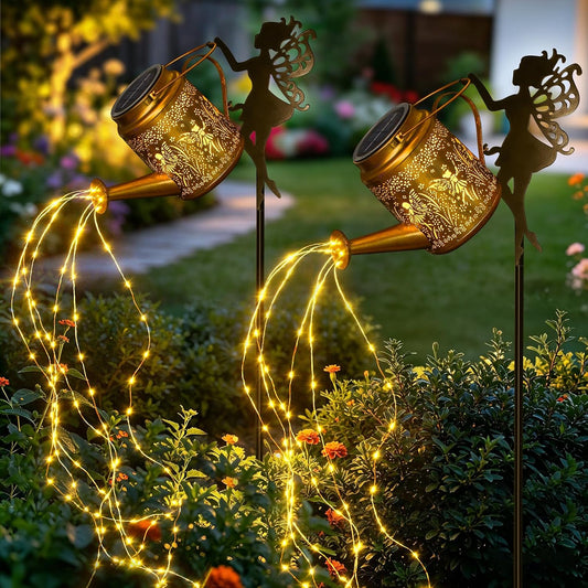 2 Pack Solar Watering Can Lights Outdoor Waterproof, Solar Garden Decorations with Fairy Cutouts, Magical Solar Lights for Yard Patio Lawn, Gardening Gifts for Mom Women
