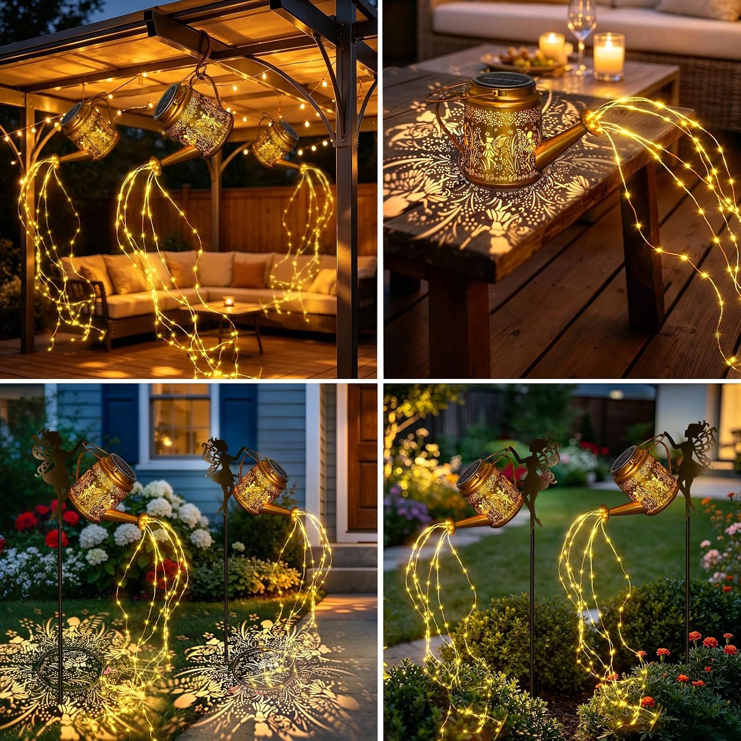 2 Pack Solar Watering Can Lights Outdoor Waterproof, Solar Garden Decorations with Fairy Cutouts, Magical Solar Lights for Yard Patio Lawn, Gardening Gifts for Mom Women