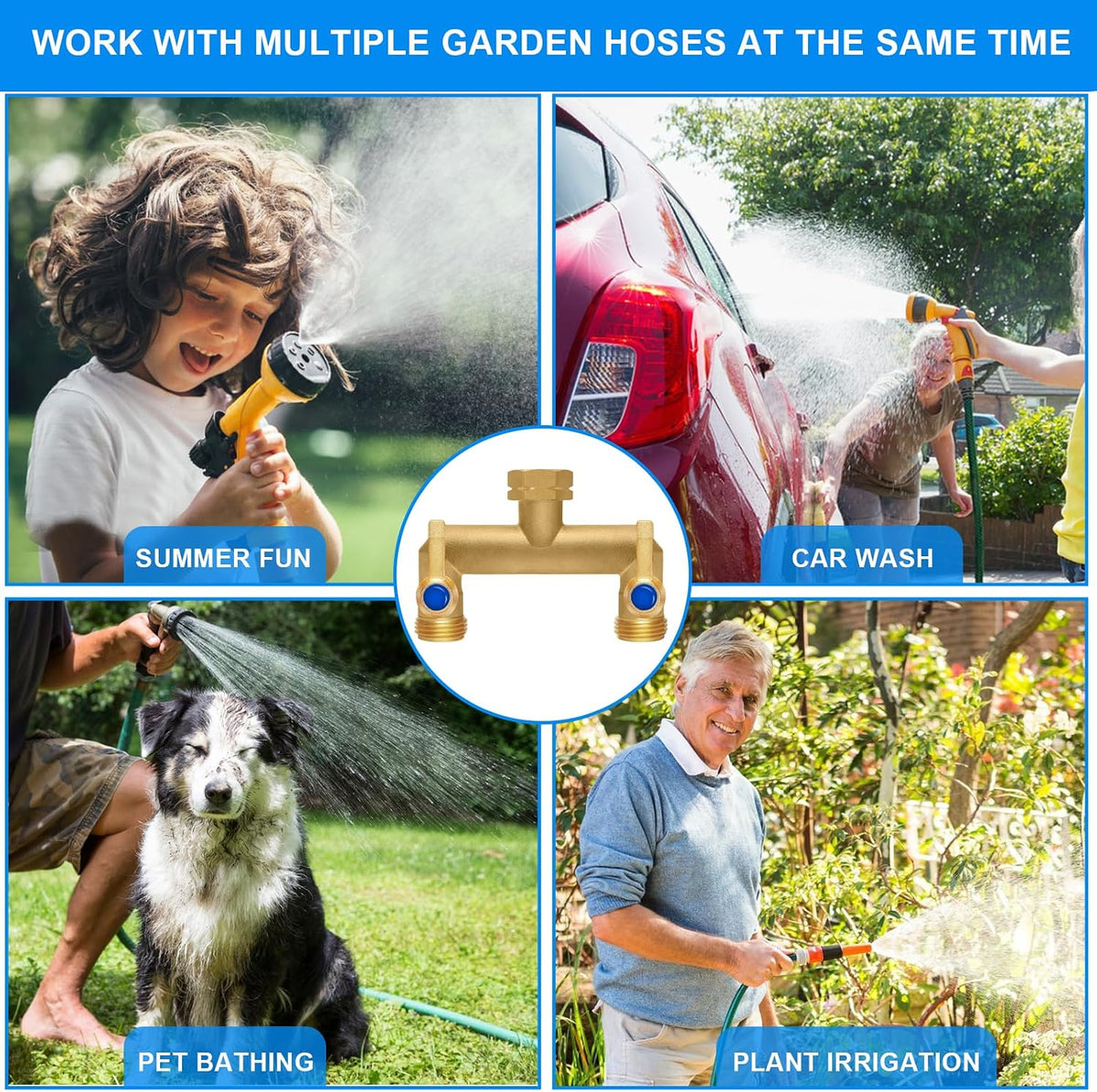 Brass Garden Hose Splitter, Garden Hose Splitter 2 Way Heavy Duty, With 2 304 Stainless Steel Extension Handles, 2-Way Y-Valve 3/4” GHT Threads (Increase Flow Style)