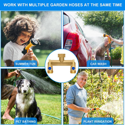 Brass Garden Hose Splitter, Garden Hose Splitter 2 Way Heavy Duty, With 2 304 Stainless Steel Extension Handles, 2-Way Y-Valve 3/4” GHT Threads (Increase Flow Style)