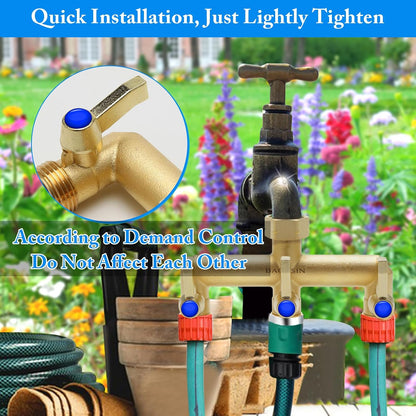 Brass Garden Hose Splitter, Garden Hose Splitter 2 Way Heavy Duty, With 2 304 Stainless Steel Extension Handles, 2-Way Y-Valve 3/4” GHT Threads (Increase Flow Style)