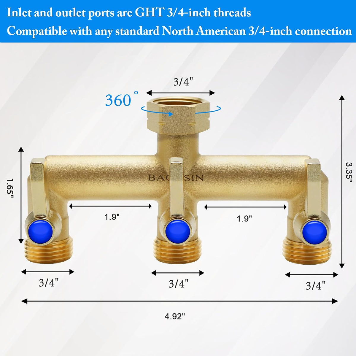 Brass Garden Hose Splitter, Garden Hose Splitter 2 Way Heavy Duty, With 2 304 Stainless Steel Extension Handles, 2-Way Y-Valve 3/4” GHT Threads (Increase Flow Style)