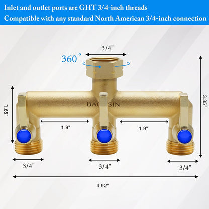 Brass Garden Hose Splitter, Garden Hose Splitter 2 Way Heavy Duty, With 2 304 Stainless Steel Extension Handles, 2-Way Y-Valve 3/4” GHT Threads (Increase Flow Style)