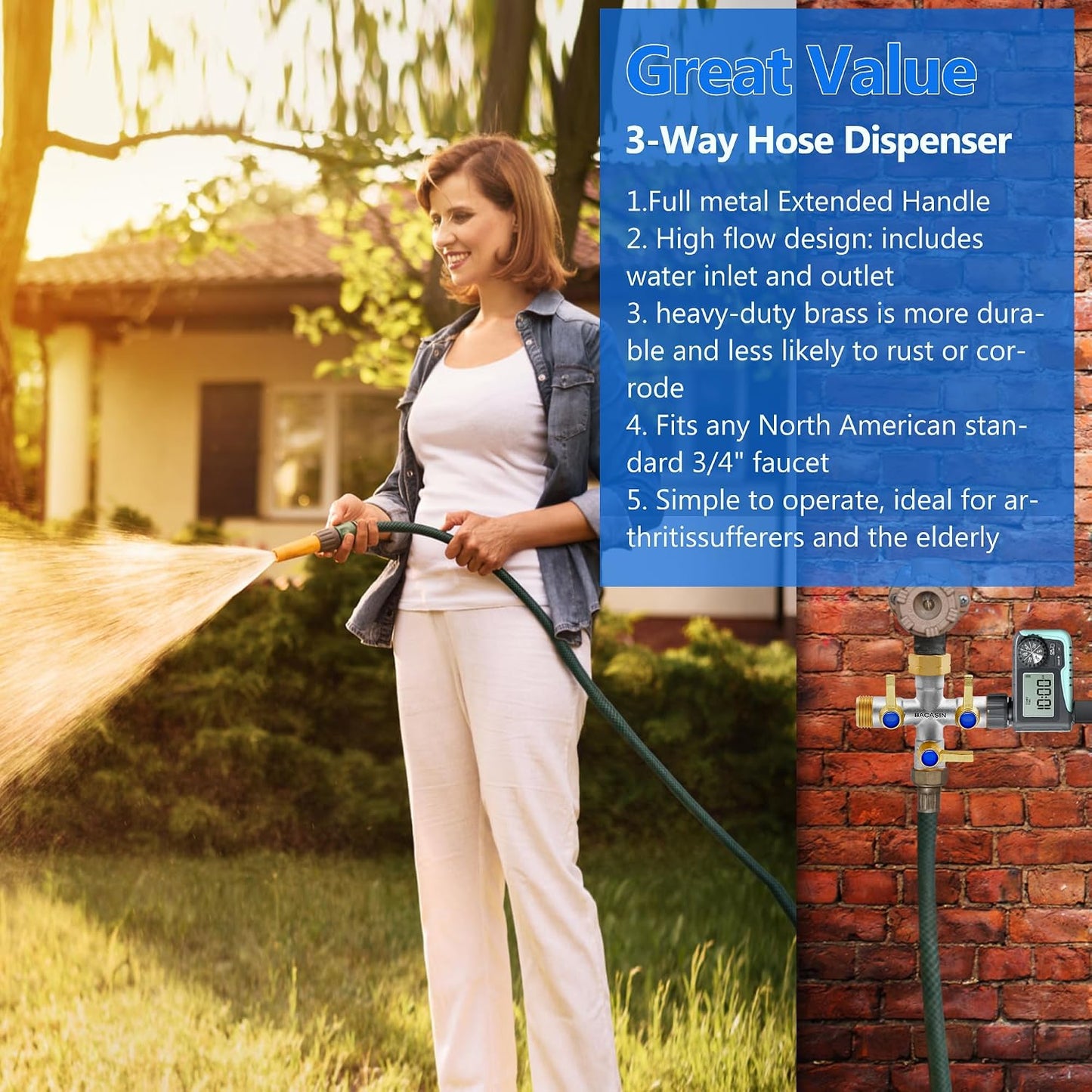 Brass Garden Hose Splitter, Garden Hose Splitter 2 Way Heavy Duty, With 2 304 Stainless Steel Extension Handles, 2-Way Y-Valve 3/4” GHT Threads (Increase Flow Style)
