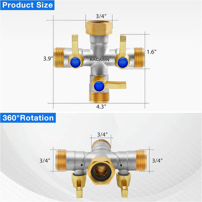 Brass Garden Hose Splitter, Garden Hose Splitter 2 Way Heavy Duty, With 2 304 Stainless Steel Extension Handles, 2-Way Y-Valve 3/4” GHT Threads (Increase Flow Style)