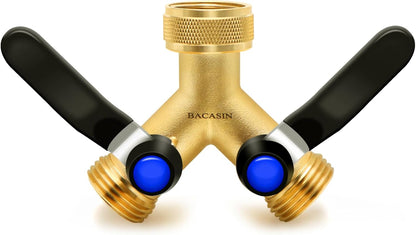 Brass Garden Hose Splitter, Garden Hose Splitter 2 Way Heavy Duty, With 2 304 Stainless Steel Extension Handles, 2-Way Y-Valve 3/4” GHT Threads (Increase Flow Style)