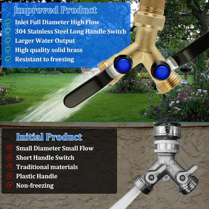 Brass Garden Hose Splitter, Garden Hose Splitter 2 Way Heavy Duty, With 2 304 Stainless Steel Extension Handles, 2-Way Y-Valve 3/4” GHT Threads (Increase Flow Style)