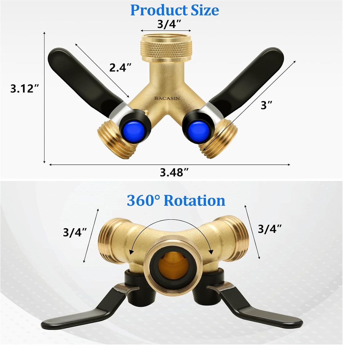 Brass Garden Hose Splitter, Garden Hose Splitter 2 Way Heavy Duty, With 2 304 Stainless Steel Extension Handles, 2-Way Y-Valve 3/4” GHT Threads (Increase Flow Style)