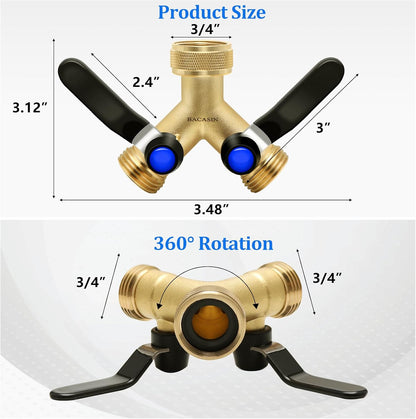 Brass Garden Hose Splitter, Garden Hose Splitter 2 Way Heavy Duty, With 2 304 Stainless Steel Extension Handles, 2-Way Y-Valve 3/4” GHT Threads (Increase Flow Style)
