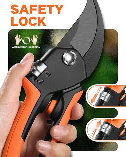 8.5" Garden Shears, Unique Stepless Handle Opening for All Hand Size