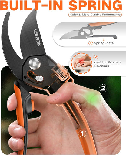 8.5" Garden Shears, Unique Stepless Handle Opening for All Hand Size
