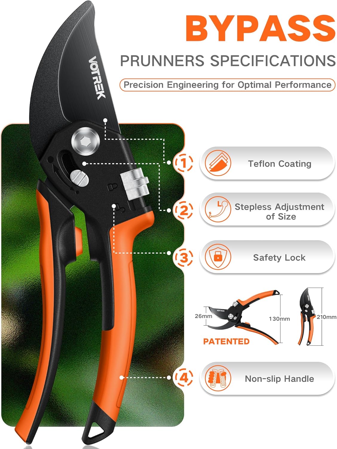 8.5" Garden Shears, Unique Stepless Handle Opening for All Hand Size
