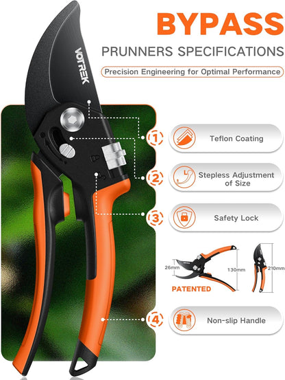 8.5" Garden Shears, Unique Stepless Handle Opening for All Hand Size