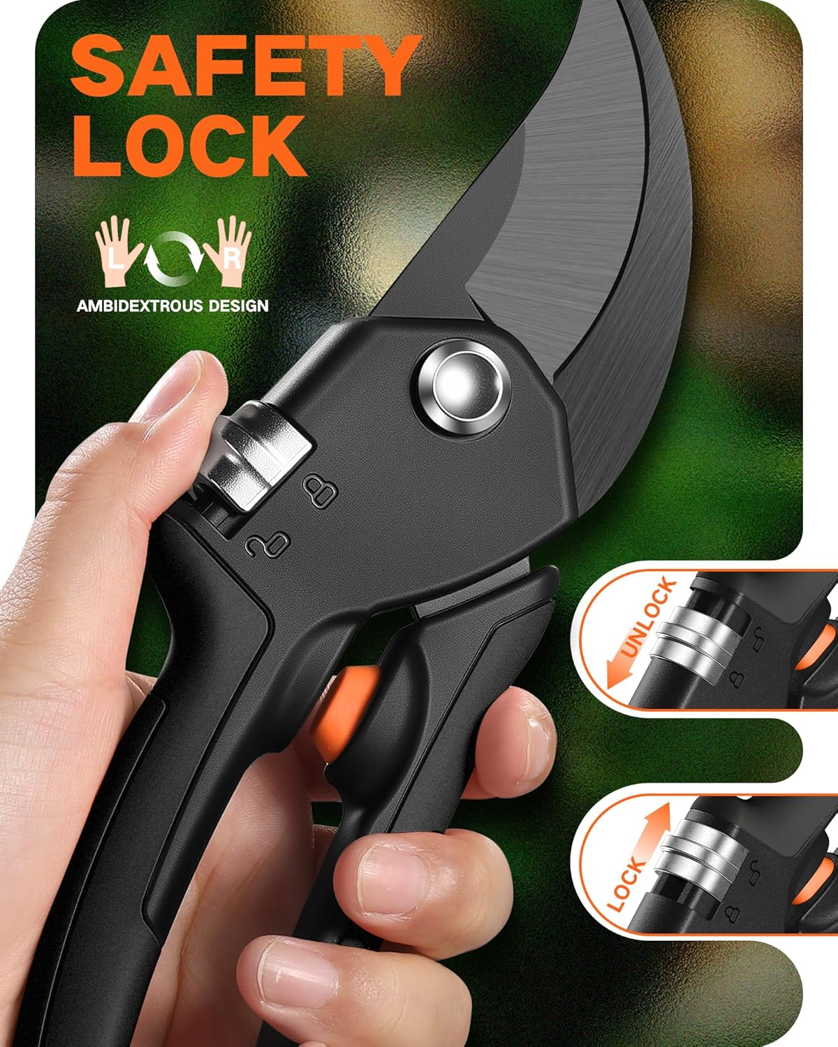 8.5" Garden Shears, Unique Stepless Handle Opening for All Hand Size