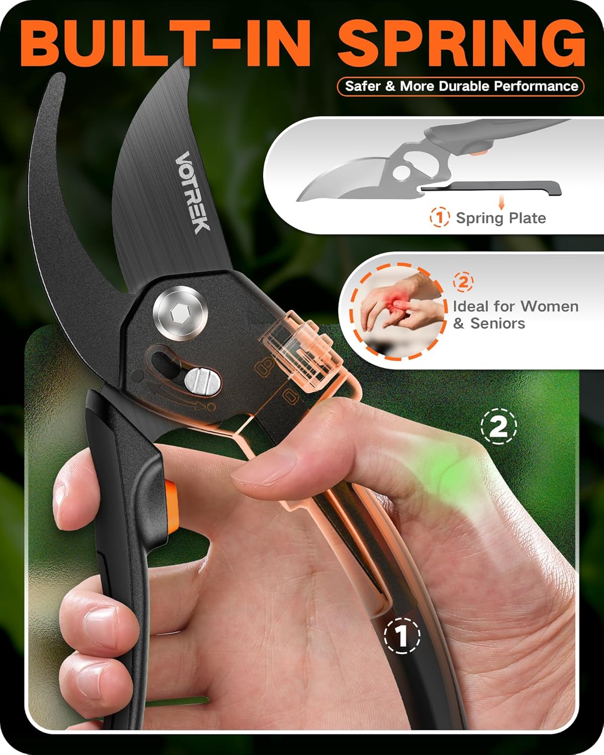 8.5" Garden Shears, Unique Stepless Handle Opening for All Hand Size