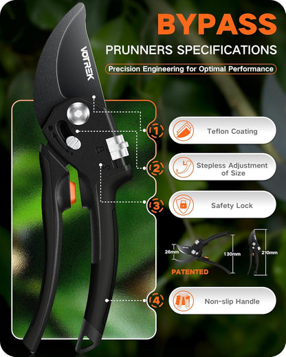 8.5" Garden Shears, Unique Stepless Handle Opening for All Hand Size