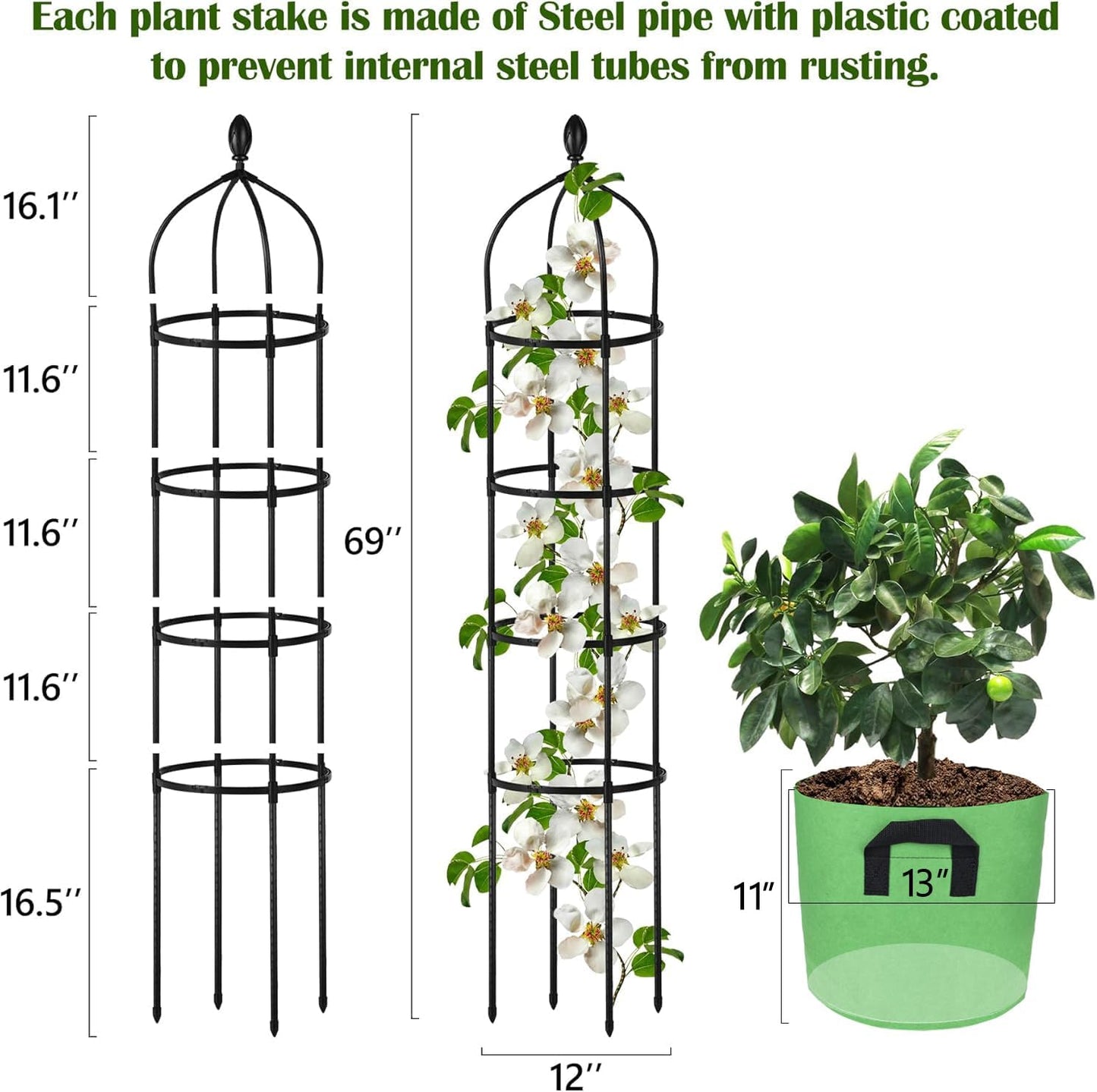 Garden Obelisk Trellis for Climbing Plants Outdoor 6 Ft Rose Bush Round Trellis for Pots Rustproof Metal Pipe with Plastic Coated Plant Flower Trellises for Clematis Vine Jasmine Support