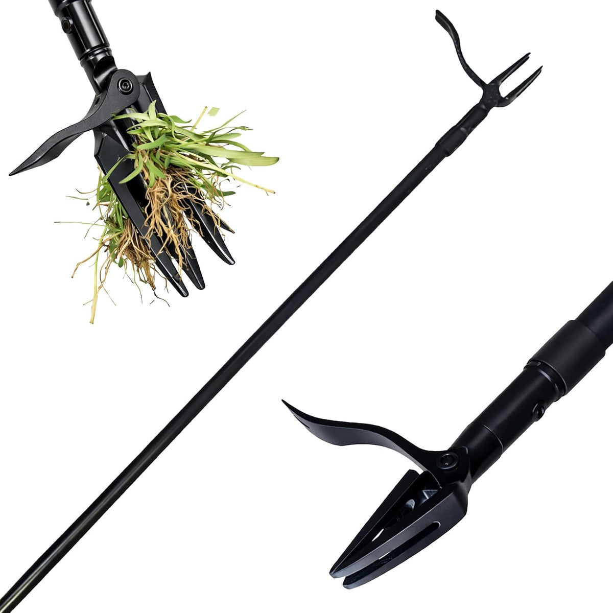 All Black Stand Up Weed Puller 53 Inch Manual Weed Remover Tool Heavy Duty Metal Long Handle Root Removal Weeder with Reinforced Claw and Three Section Steel Shaft for Garden Lawn Yard Use