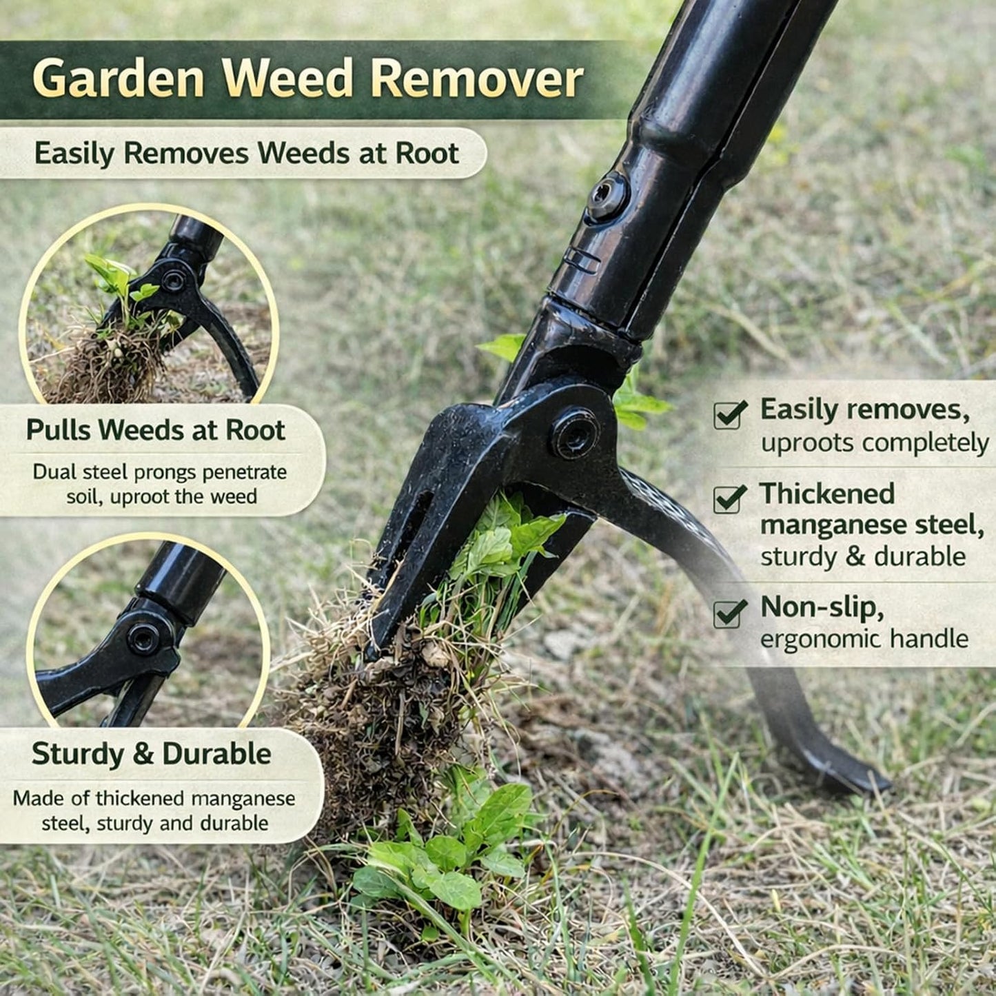 All Black Stand Up Weed Puller 53 Inch Manual Weed Remover Tool Heavy Duty Metal Long Handle Root Removal Weeder with Reinforced Claw and Three Section Steel Shaft for Garden Lawn Yard Use