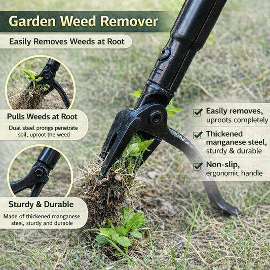 All Black Stand Up Weed Puller 53 Inch Manual Weed Remover Tool Heavy Duty Metal Long Handle Root Removal Weeder with Reinforced Claw and Three Section Steel Shaft for Garden Lawn Yard Use