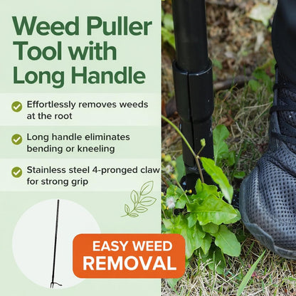 All Black Stand Up Weed Puller 53 Inch Manual Weed Remover Tool Heavy Duty Metal Long Handle Root Removal Weeder with Reinforced Claw and Three Section Steel Shaft for Garden Lawn Yard Use