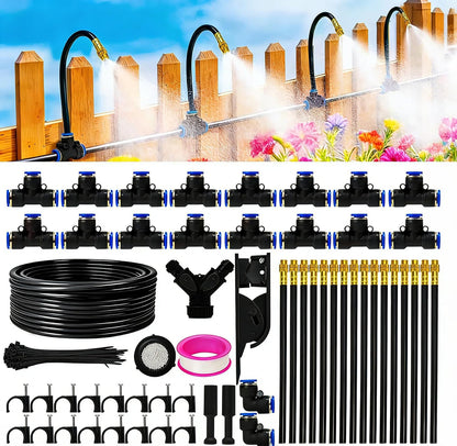 Upgraded 5/16" Drip Irrigation Kit (100FT), High-Flow Garden Watering System with 16 Bendable 360° Brass Misting Nozzles, Quick-Push Connectors & Leak-Proof Design for Patio, Greenhouse & Flower Beds