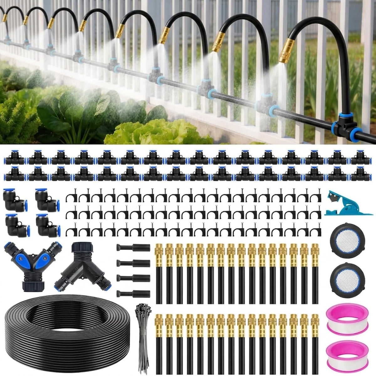 Upgraded 5/16" Drip Irrigation Kit (100FT), High-Flow Garden Watering System with 16 Bendable 360° Brass Misting Nozzles, Quick-Push Connectors & Leak-Proof Design for Patio, Greenhouse & Flower Beds