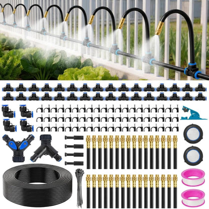 Upgraded 5/16" Drip Irrigation Kit (100FT), High-Flow Garden Watering System with 16 Bendable 360° Brass Misting Nozzles, Quick-Push Connectors & Leak-Proof Design for Patio, Greenhouse & Flower Beds