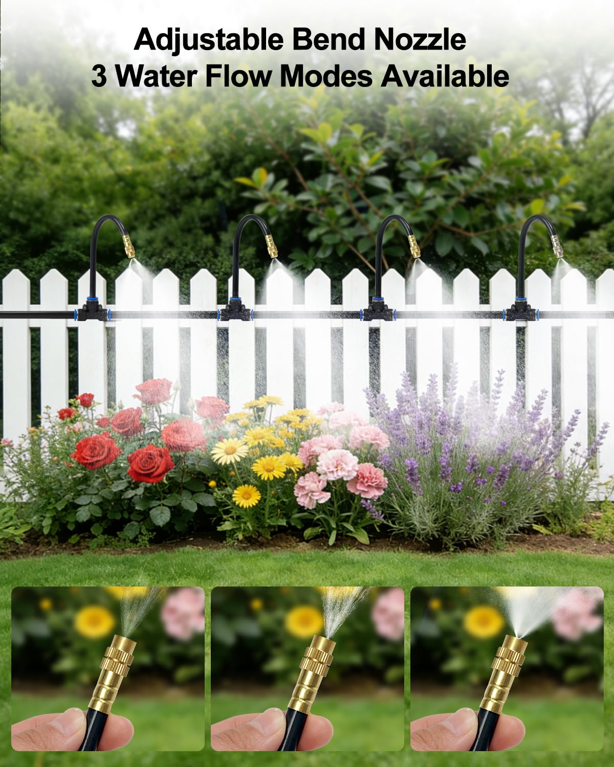 Upgraded 5/16" Drip Irrigation Kit (100FT), High-Flow Garden Watering System with 16 Bendable 360° Brass Misting Nozzles, Quick-Push Connectors & Leak-Proof Design for Patio, Greenhouse & Flower Beds
