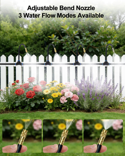 Upgraded 5/16" Drip Irrigation Kit (100FT), High-Flow Garden Watering System with 16 Bendable 360° Brass Misting Nozzles, Quick-Push Connectors & Leak-Proof Design for Patio, Greenhouse & Flower Beds